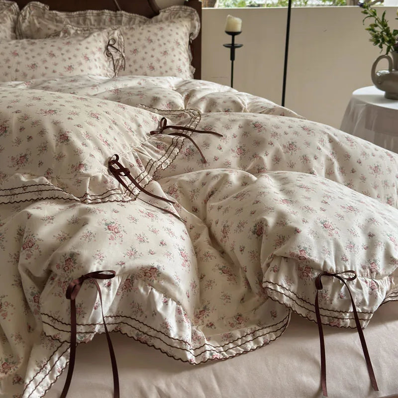 Cyflymder  100% Cotton Pastoral Floral Print Ruffles Bow Princess Bedding Set Queen King Duvet Cover Set Bed Sheet/Fitted Sheet Pillowcases