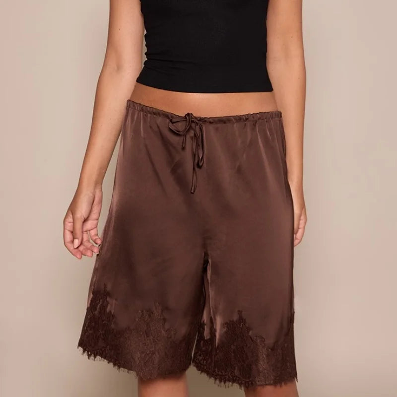 Cyflymder  Women Satin Lace Trim Capri Pants Elastic Waisted Wide Leg Cropped Pants Slips Satin Bloomer Pettipants Shorts Y2k Streetwear