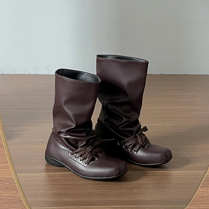 Cyflymder  Vintage Flats Women Western Cowboy Boots Fashion Ladies Square Toe Pleated Knight Mid Calf Booties