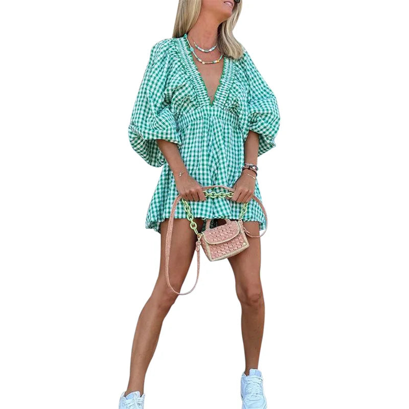 Cyflymder  Women Playsuit y2k Clothes Solid Color/Plaid Print V Neck Bubble Sleeve High Waist Short Jumpsuit Romper Streetwear