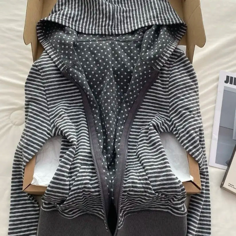 Cyflymder  Japnese Harajuku Vintage Polka Dot Sriped Print Women Clothes Y2k Autumn Comfortable Casual High Street Hoodies Zipper Cardigan