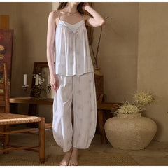 Cyflymder  Summer little rose print suspenders bloomers cotton silk pajamas contrasting edge loose and comfortable girl loungewear set