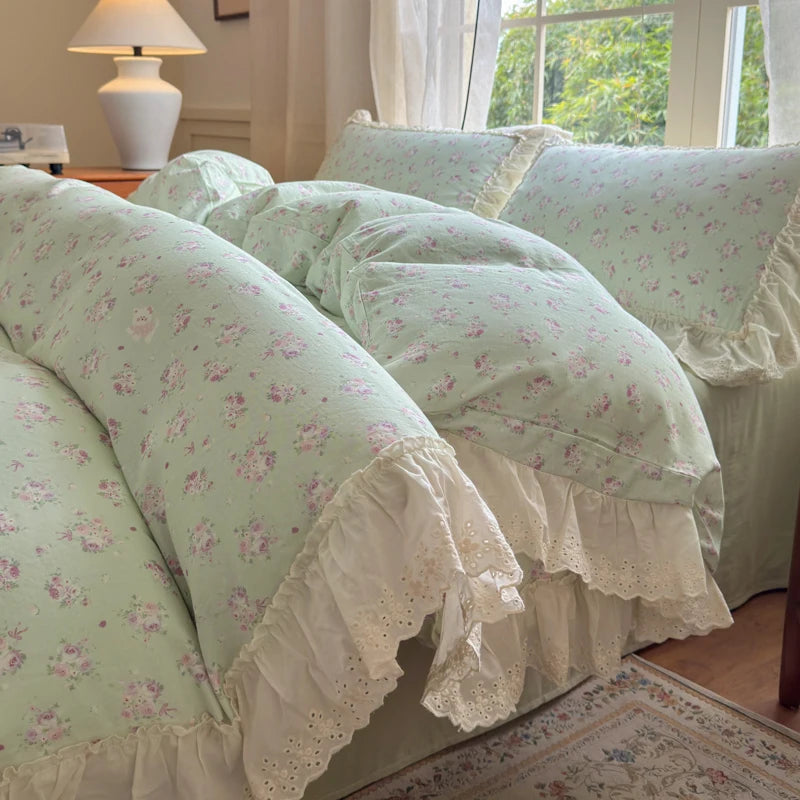 Cyflymder  Korean Princess Style Floral Lace Ruffles Bedding Set 100% Cotton Double Yarn Duvet Cover Flat/Fitted Bed Sheet Pillowcases 4Pcs
