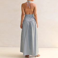 Cyflymder  Women Halter Neck Striped Backless Maxi Dress Summer Sleeveless Long Dress Vacations Outdoor Backless Flowy Dress