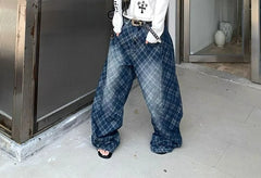 Cyflymder  Retro Plaid Jeans Women's Autumn and Winter New Loose Wide-leg Pants Design Long Pants
