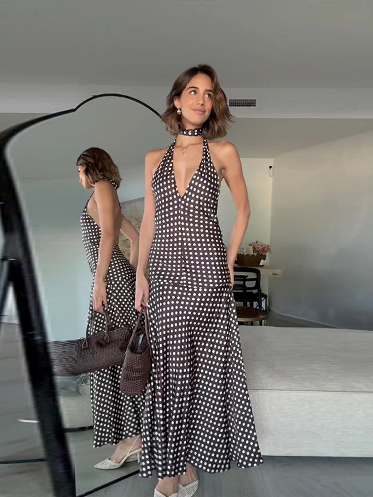 Cyflymder  Polka Dot Halter Backless Long Dress Women Off Shoulder V-neck Scarf Sexy Sleeveless Dresses 2025 Summer Street Holiday Robe