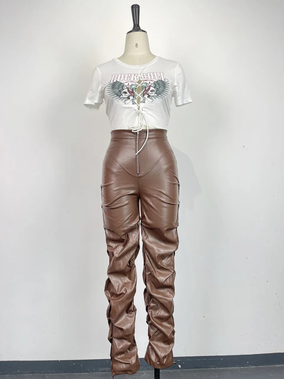 Cyflymder  Side Slit Drawstring Pencil Pants Trend Streetwear Slim Outfits Faux Leather Pants Cyber Y2K Vintage Stacked Zipper