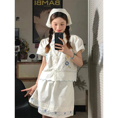 Cyflymder  2 Piece Sets Women Outfit Kawaii Lace Floral Embroidery Short Sleeve Shirts Vintage Cute Mini Skirt Summer New In Matching Sets