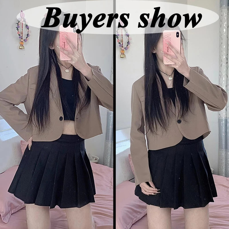 Cyflymder Cropped Blazers for Women New Korean Fashion Long Sleeve Button Up Suit Jacket Woman Elegant All Match Office Blazer Female