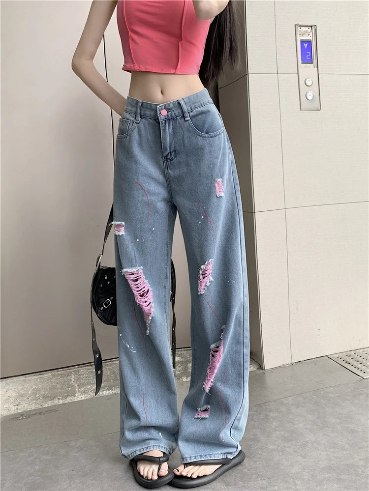 Cyflymder  Hot Girl Torn Jeans Women's Summer High Waisted Pink Ripped Loose Draped Demin Wide Leg Pants Fashion Casual Female Clothes
