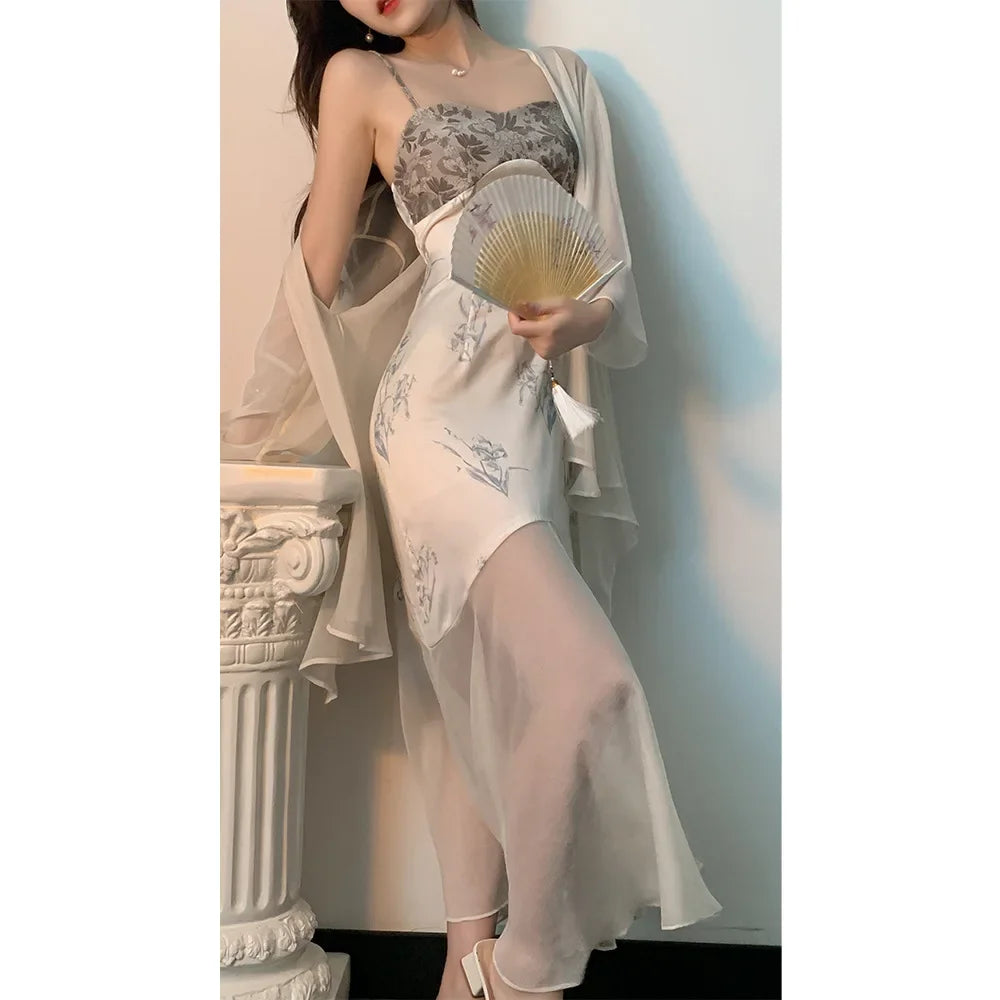 Cyflymder  Women Kimono Bathrobe Gown Suit Loungewear Sleepwear Mesh Robe Nightgown Set Summer Silky Satin Home Dress Lingerie