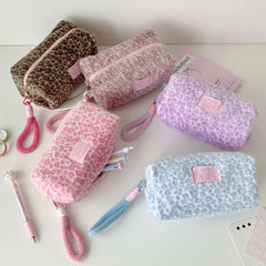 Cyflymder  Girly Leopard Print Plush Makeup Bag Portable Pencil Ballpoint Pen Pouch Student Cosmetic Carry Case
