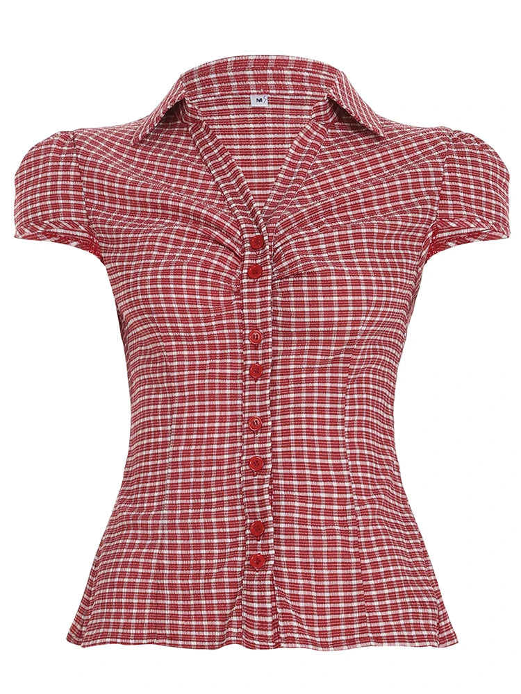 Cyflymder  American Retro Red Plaid ort Sve irt Casual Slim Fit Waist Cinching Button up Top for Young Women