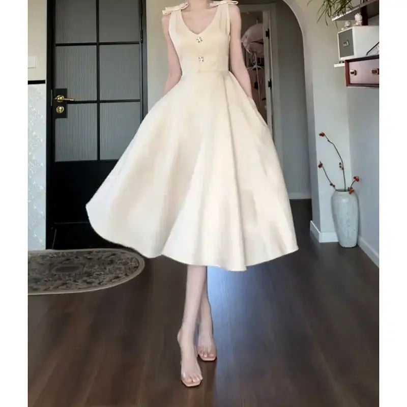 Cyflymder  Summer Champagne Bow A Line Dress Women Elegant Slim Waist Party Dress
