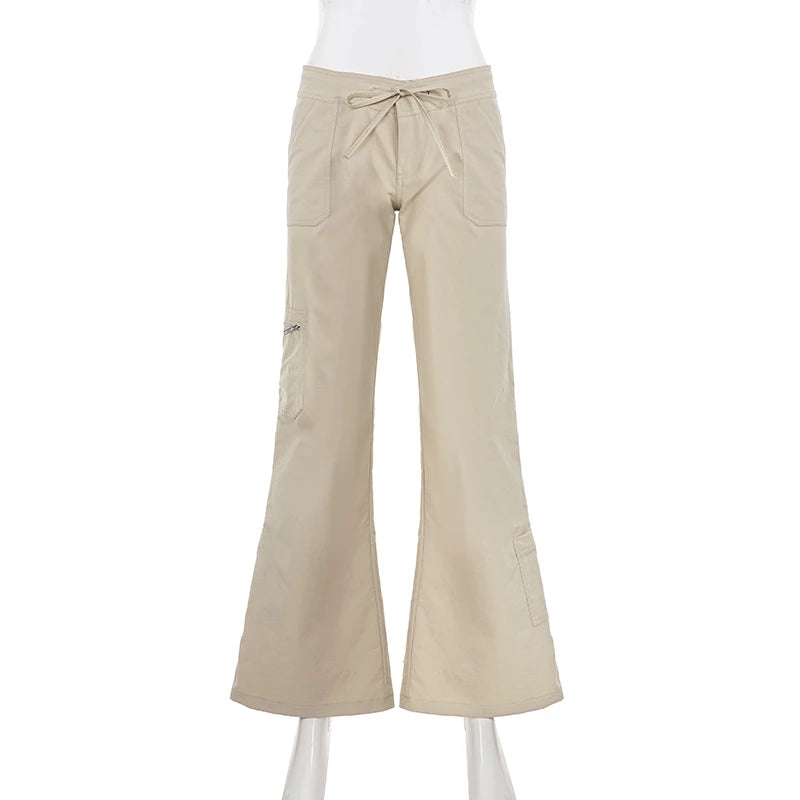 Cyflymder   Retro Woven Pants Sloid Low Waist Flared Pants For Women All Match Casual Trousers Streetwear Bell Bottoms Y2k Harajuku