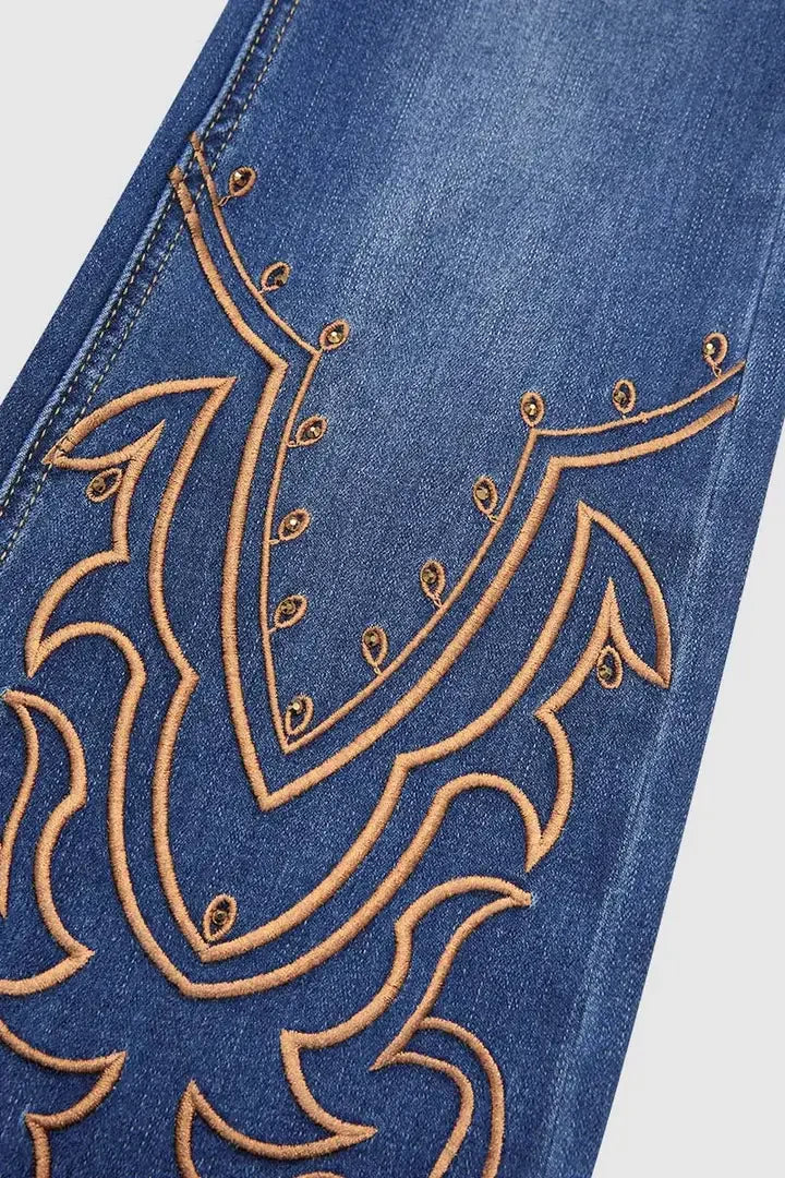 Cyflymder  Elegant Country Wear| Distressed High Waisted Flared Cowgirl Outfit -Printing with Golden Studs, Casual Vintage Jeans   T46