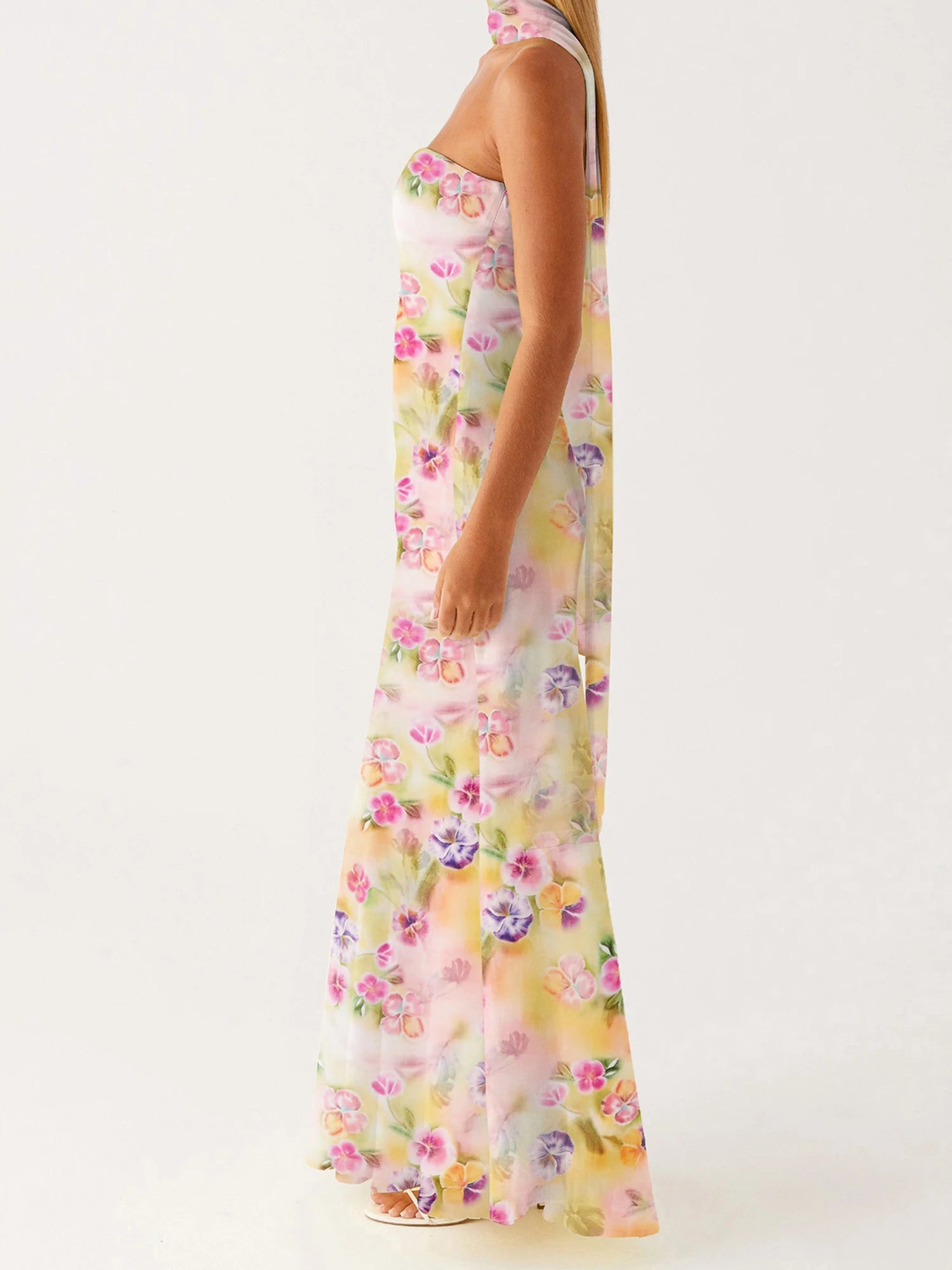 Cyflymder  Elegant Floral Print Strapless Maxi Dress with Ruffle Detail and Matching Headscarf for Women
