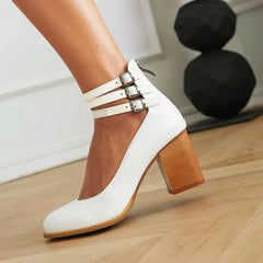Cyflymder  Plus Size Wood Grain Thick Heels Retro Casual High Heels Ankle Three Row Buckles Shallow Breathable Summer Women's Pumps