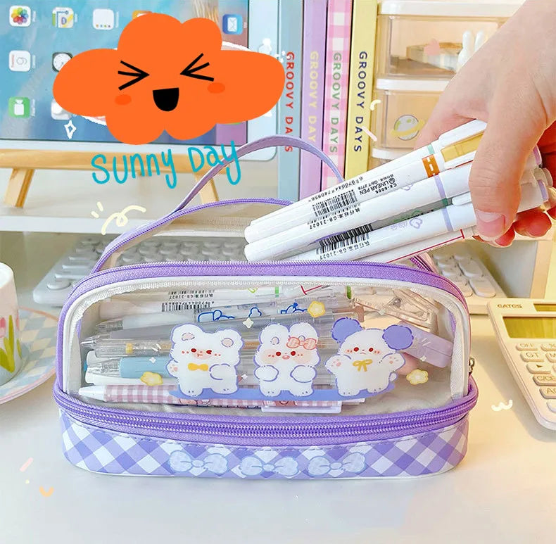 Cyflymder  Cute Transparent Pencil Case Kawaii Bunny Bear Pencil Pouch 2- Layer High Capacity Waterproof Protable Stationery Storage Bag