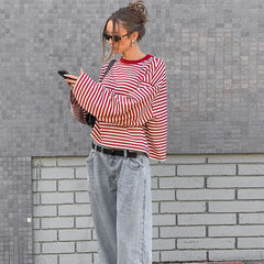 Cyflymder  Women Casual Striped Long Sleeve Cotton Tops Autumn O-neck Patchwork Loose T-shirt High Street Female Vintage Tops 2025 New