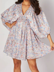 Cyflymder  Elegant Floral Print Midi Dress with Long Sleeves and Deep V Neckline Perfect for Fall Parties and Events