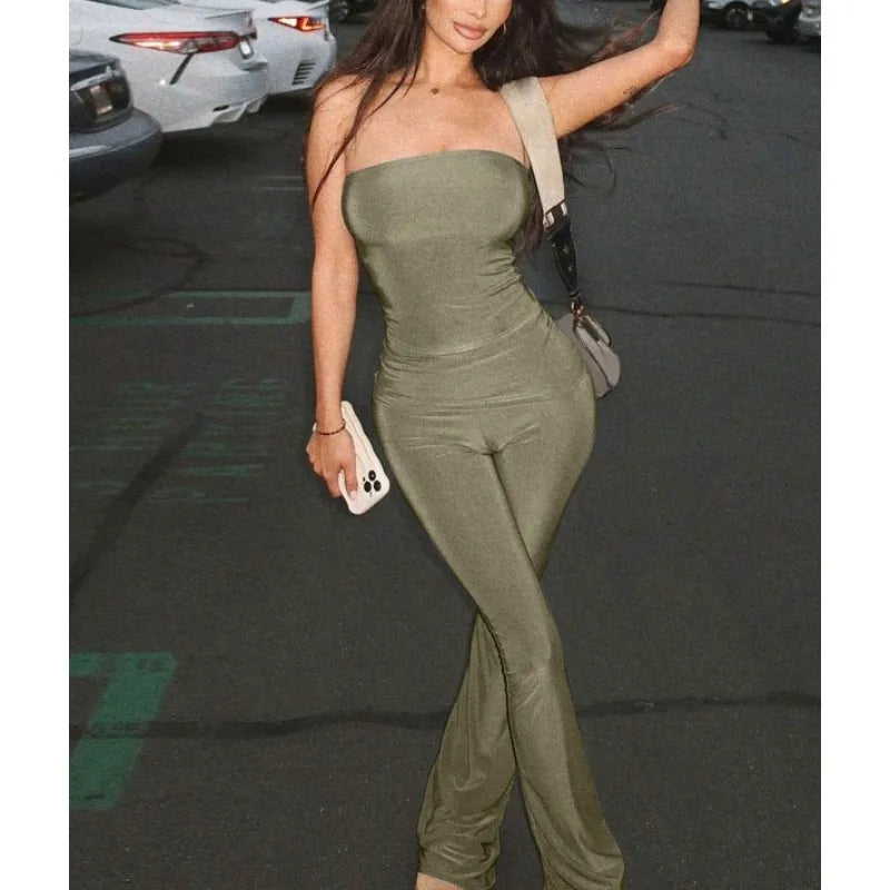 Cyflymder  Stylish 2 Piece Sets Woman Skinny Tube Tanks Top Full-length Flare Pants Solid Color New in Matching Sets 154318