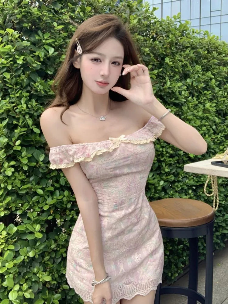 Cyflymder  Mini Dresses Women Sexy Sweet Floral Slash Neck Off Shoulder Bow Lace Patchwork Vintage Elegant Dress Party Spring New