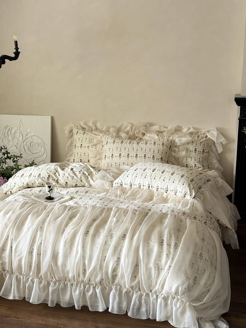 Cyflymder  4Pcs Vintage French Pure Cotton Rose Print Pleated Lace Ruffles Bedding Set Queen King Size Duvet Cover Set Bed Sheet Pillowcase