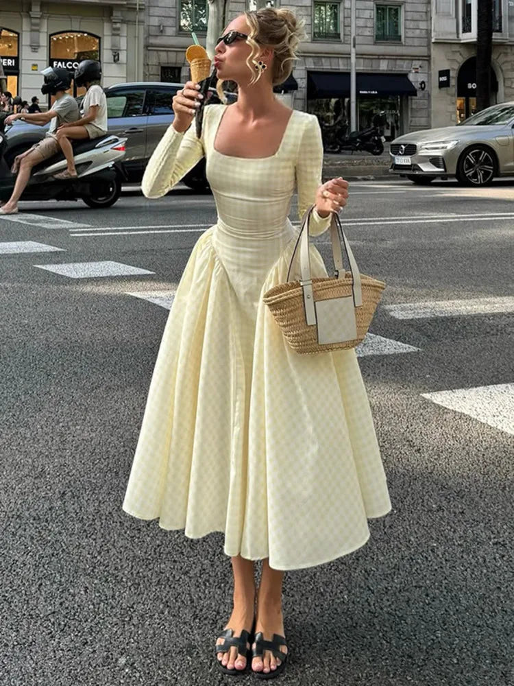Cyflymder  Plaid Long Sleeve Pleated Maxi Dress For Women Autumn Fashion Square Collar High Waist A-line Club Party Long Dress New
