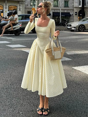 Cyflymder  Plaid Long Sleeve Pleated Maxi Dress For Women Autumn Fashion Square Collar High Waist A-line Club Party Long Dress New