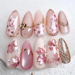 Cyflymder  24pcs Pink Flower Almond Press on Nails Summer False Nails Wearable Stick-on Nails Fake Nail Uñas Postizas Накладные Ногти 네일팁