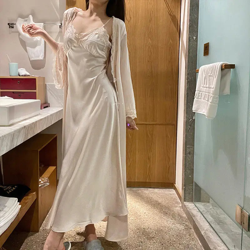 Cyflymder Autumn Silk Sexy Lace Dress Women Casual Korean Elegant Long Dresses Female Fashion Court Party Matching Two Piece Clothing