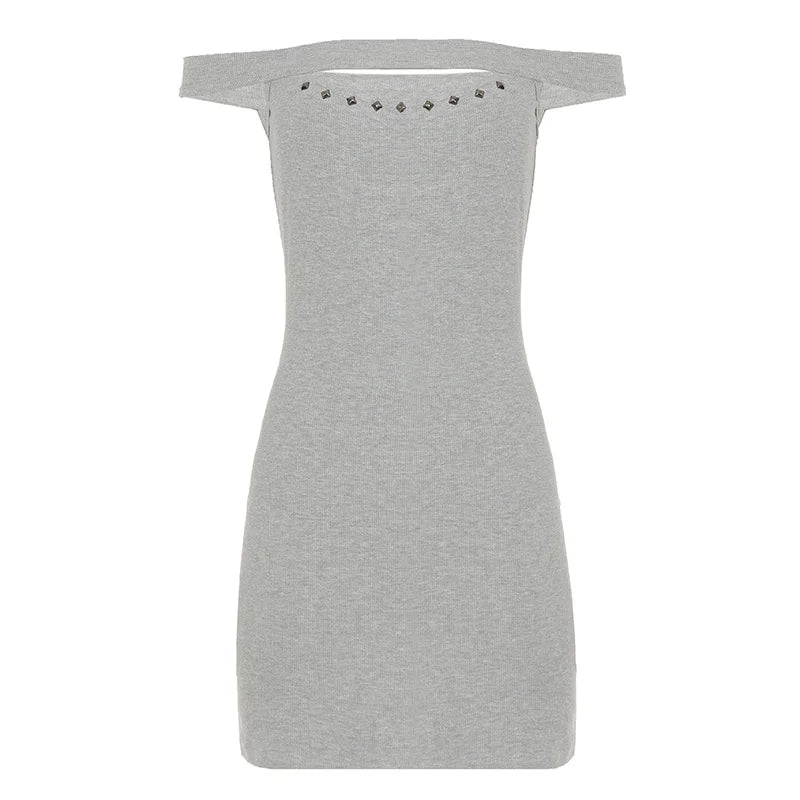 Cyflymder  Off-shoulder Rivet Hollow-out Bodycone Mini Dress Solid Color Sleeveless Tight Women Fashion Short Dress Sexy Partywear