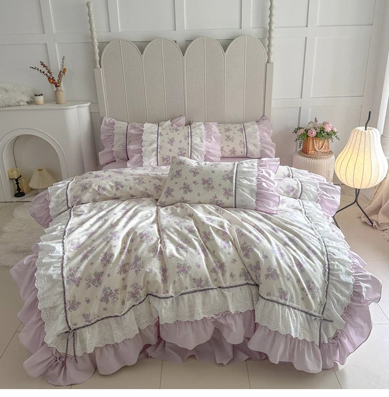 Cyflymder  Pink Floral Double Layer Lace Ruffles 100% Cotton Bedding Set Duvet Cover Set Bed Sheet/Bed Skirt/Fitted Sheet Pillowcases 4Pcs
