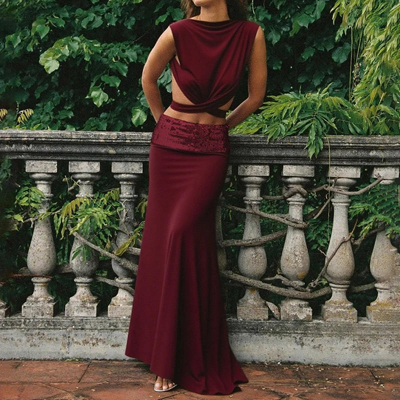 Cyflymder  Elegant Shiny Splicing Slim Suit Fashion O-neck Cross Hollow Tops & Long Skirt Set Women Casual Sleeveless Solid 2 Piece Outfits