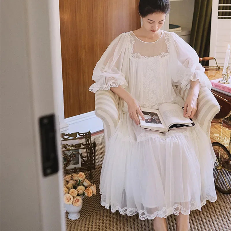 Cyflymder  Princess White Vintage Long Nightgowns Gauze Round Neck Puff Long Sleeves Cotton Nightie Loose Design Embroidery Nightdress  New