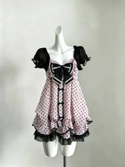 Cyflymder  Japanese Vintage Lolita 2 Piece Sets Women Sweet Ruffle Short Tops High Waist Mini Dress Suits Kawaii Y2k Casual Fashion Outfits