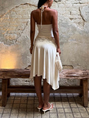 Cyflymder  White Lace Patchwork 2 Piece Dress Sets Sexy Halter Short Tanks+A-line Skirts Women Sets Summer New Women Holiday Beach Outfits