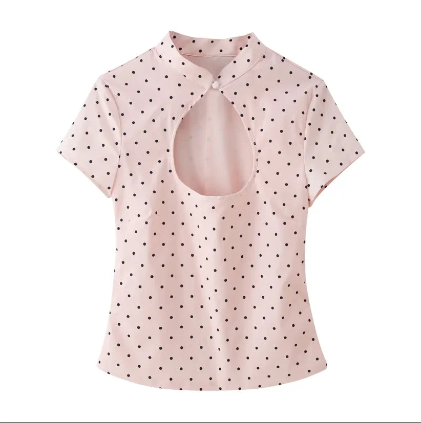 Cyflymder  Women's Pink Polka Dot Cut Out Neck Crop Shirt Elegant Short Sleeve Ruched Fitted Blouse Ladies Office Daily Streetwear Top