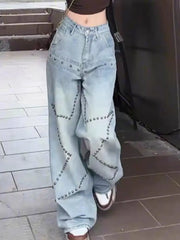 Cyflymder   American Retro Rivet Straight Jeans Women's Fashion Design Spice Girl Loose Wide-leg Pants Baggy Jeans