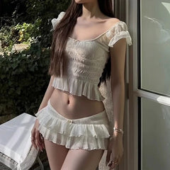 Cyflymder   French Style Off Shoulder Ruched Swimsuit Women Layered Ruffle Hem Skirt Bikini Set Sexy Slimming Bathing Suit Beach Vacation