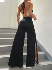 Cyflymder Women's Fashion Halter Sexy Hollow-back Slim-fit Slit Stretch Thin Jumpsuit