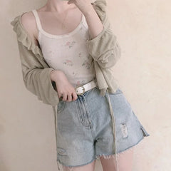 Cyflymder  Cotton Crop Top Women Summer Camis Floral Knitted Camis Hollow Out Cute Tops Sweet Girl Lolita Style Aesthetic Kawaii Clothes
