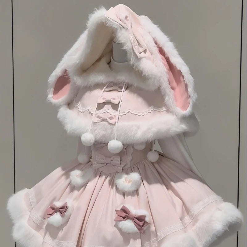 Cyflymder  Japanese Sweet Lolita Style 2 Piece Set Women Kawai Bow Bunny Hooded Cloak Coat Pink Plush Party Mini Dress Korean Y2k Cute Suit