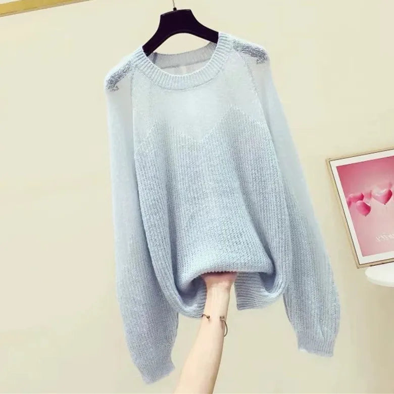 Cyflymder  Lazy Style Knitted Sweater Women Autumn Winter Loose Hollow Out Lantern Sleeve Pullover