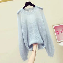 Cyflymder  Lazy Style Knitted Sweater Women Autumn Winter Loose Hollow Out Lantern Sleeve Pullover