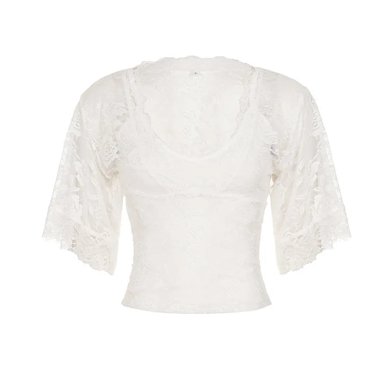 Cyflymder  New Euramerican Summer Spliced Lace Fake Two Piece Y2k V Neck Half Sleeve See-throught Women Shirts Harajuku Temperament Tops