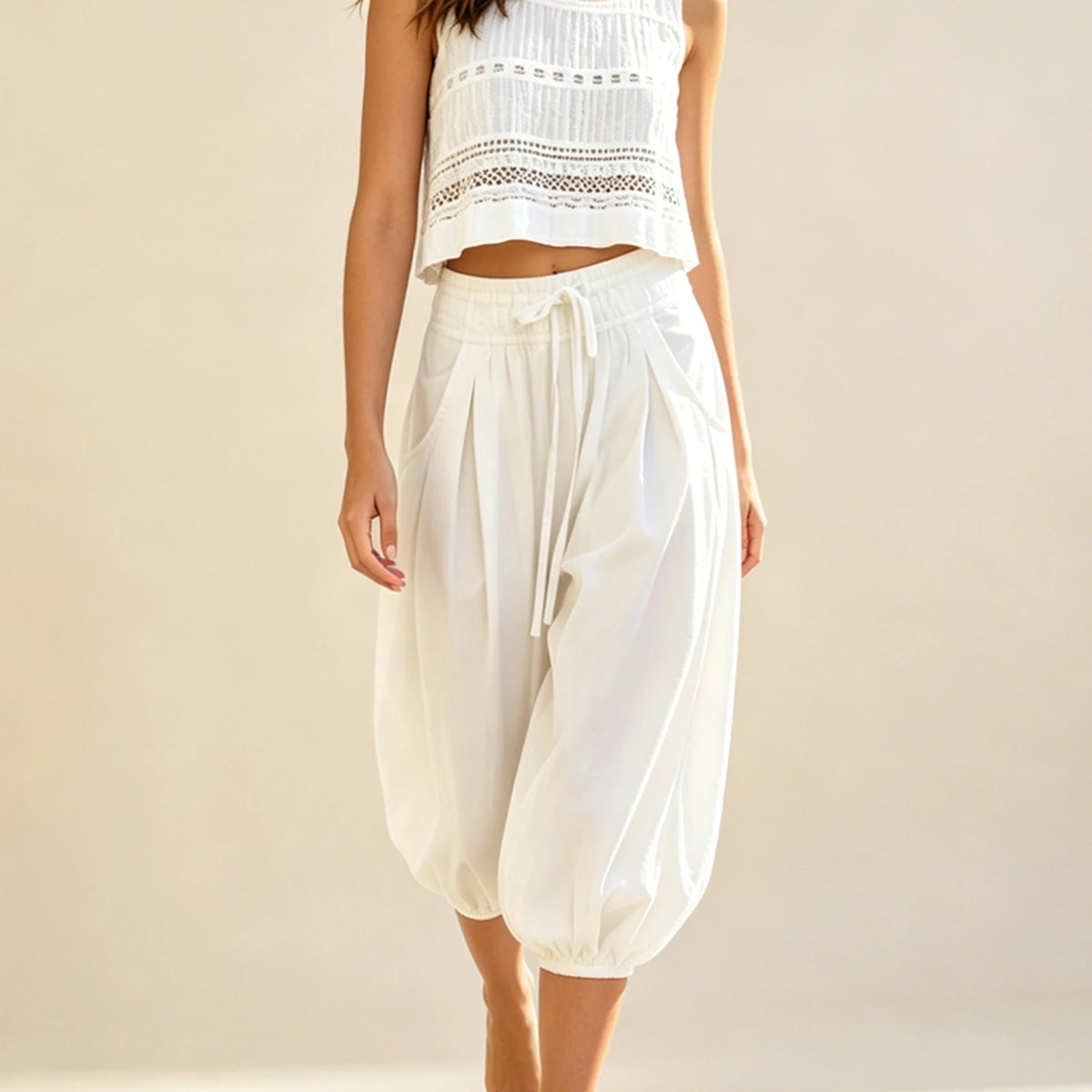 Cyflymder  Womens Wide Leg Pants Summer Baggy Harem Pants Palazzo Casual Loose Drawstring Waist Balloon Capri with Pockets