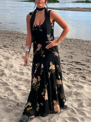 Cyflymder  Women's Summer V-Neck Sleeveless Midi Dress Female Sexy Printed Pleated Decoration Sling Waist Evening Party Dress