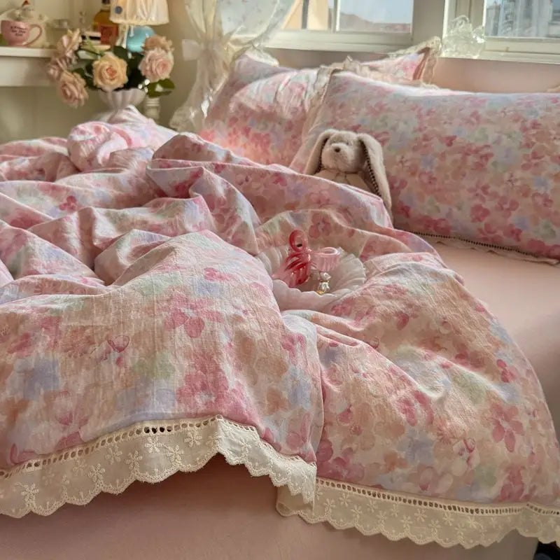 Cyflymder  Korean Style Girly Heart Floral Double Layer Gauze Four-Piece Set Princess Style Lace Trim Quilt Cover Bed Sheet Dormitory